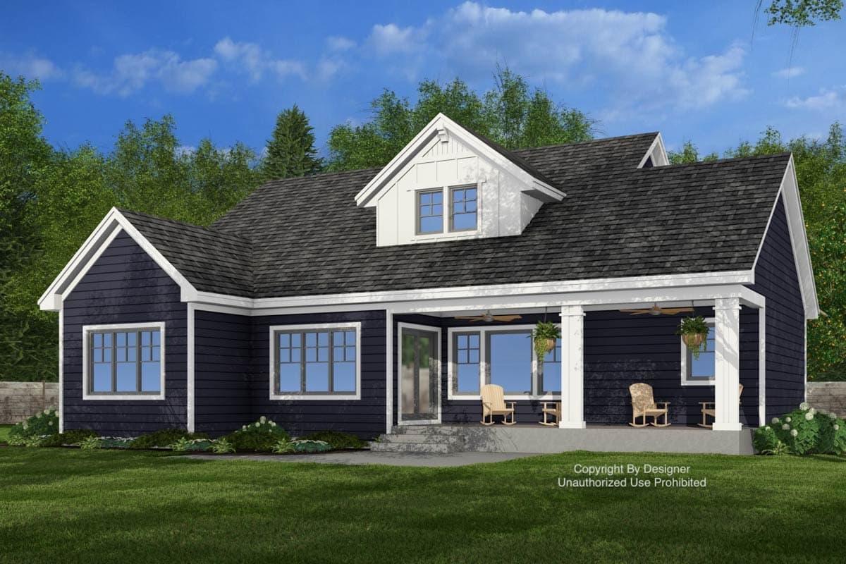 House plan exterior: Modern Farmhouse style, one story, with prominent gables, a covered porch with square columns, and dark siding.
