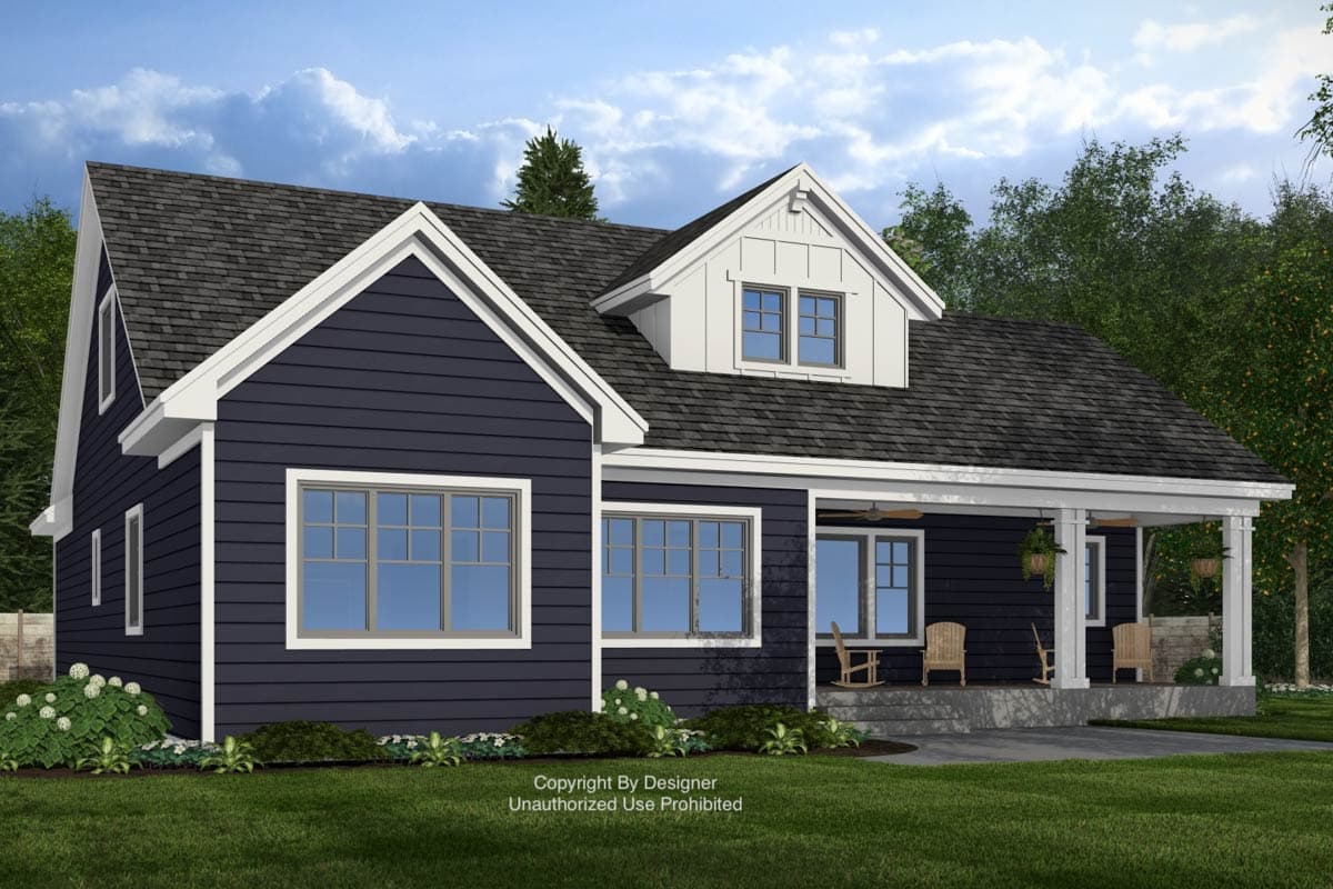 House plan exterior: Two-story Modern Farmhouse with prominent gables, a dormer, and a covered front porch supported by pillars.