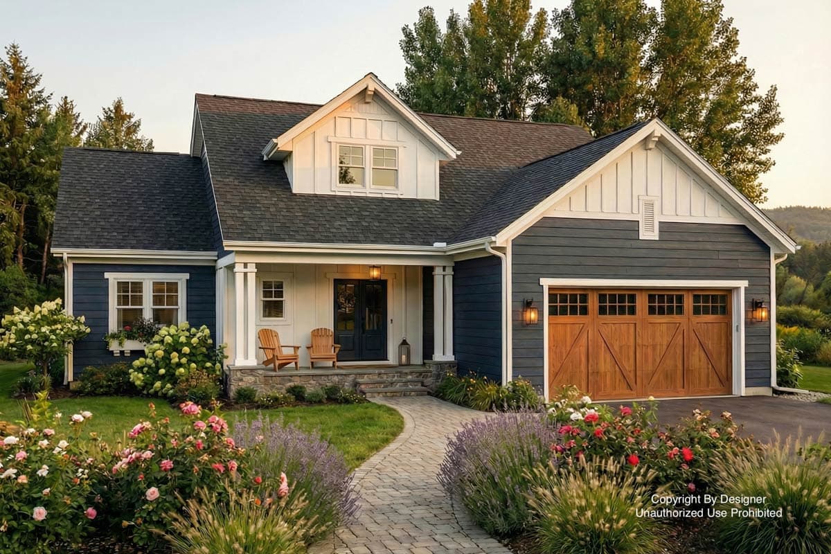 A charming two-story house with a blue exterior and a wooden garage door. A brick path leads through a garden of roses and lavender.