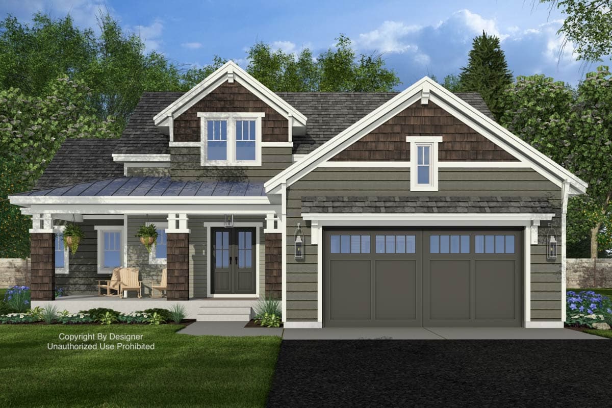 Craftsman style house plan exterior with a covered front porch, double garage, and multiple gables with shake siding.