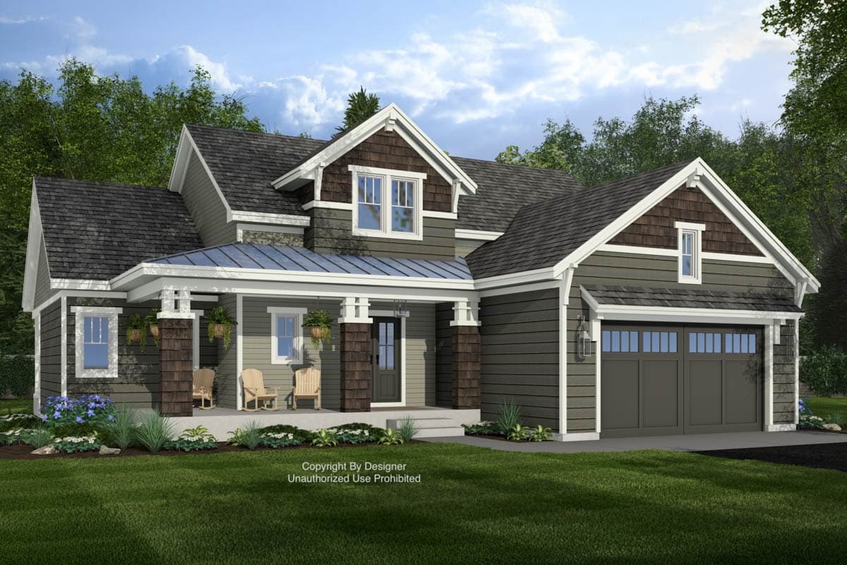 Craftsman style house plan exterior with covered front porch, dormer window, and attached two-car garage.