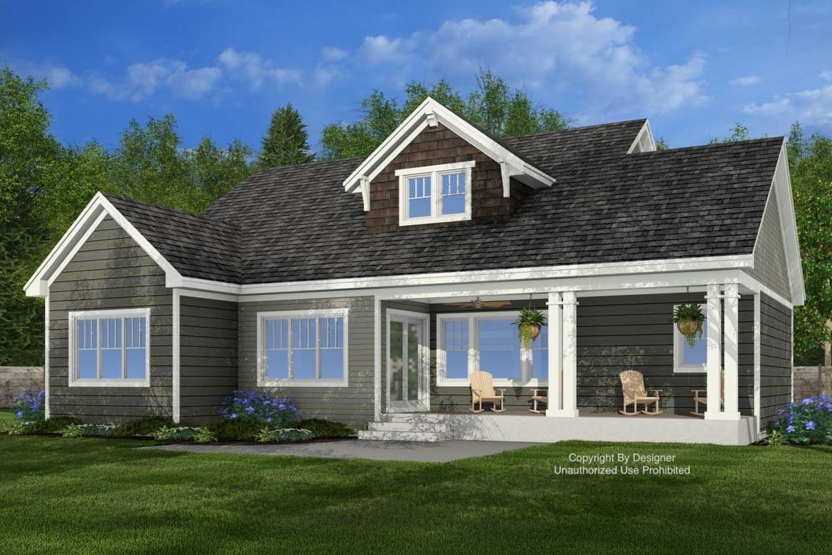 House plan exterior featuring a prominent covered porch with white columns, gabled dormers, and horizontal siding.