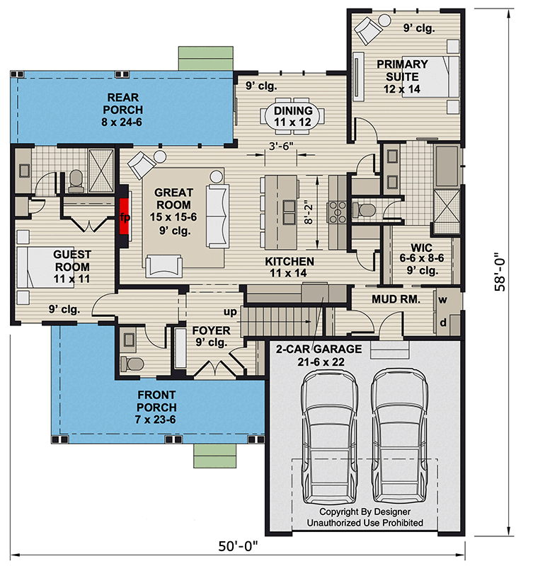 Plan 140014RK: Traditional 4 Bed House Plan with Main Level Primary and Covered Porches - Floor Plan - Main Level - Traditional