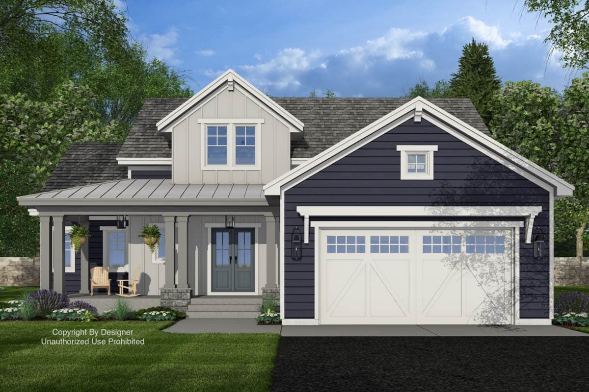 House plan exterior: Modern Farmhouse style, 2 stories, porch with columns, board and batten siding, gabled dormer, and attached garage.