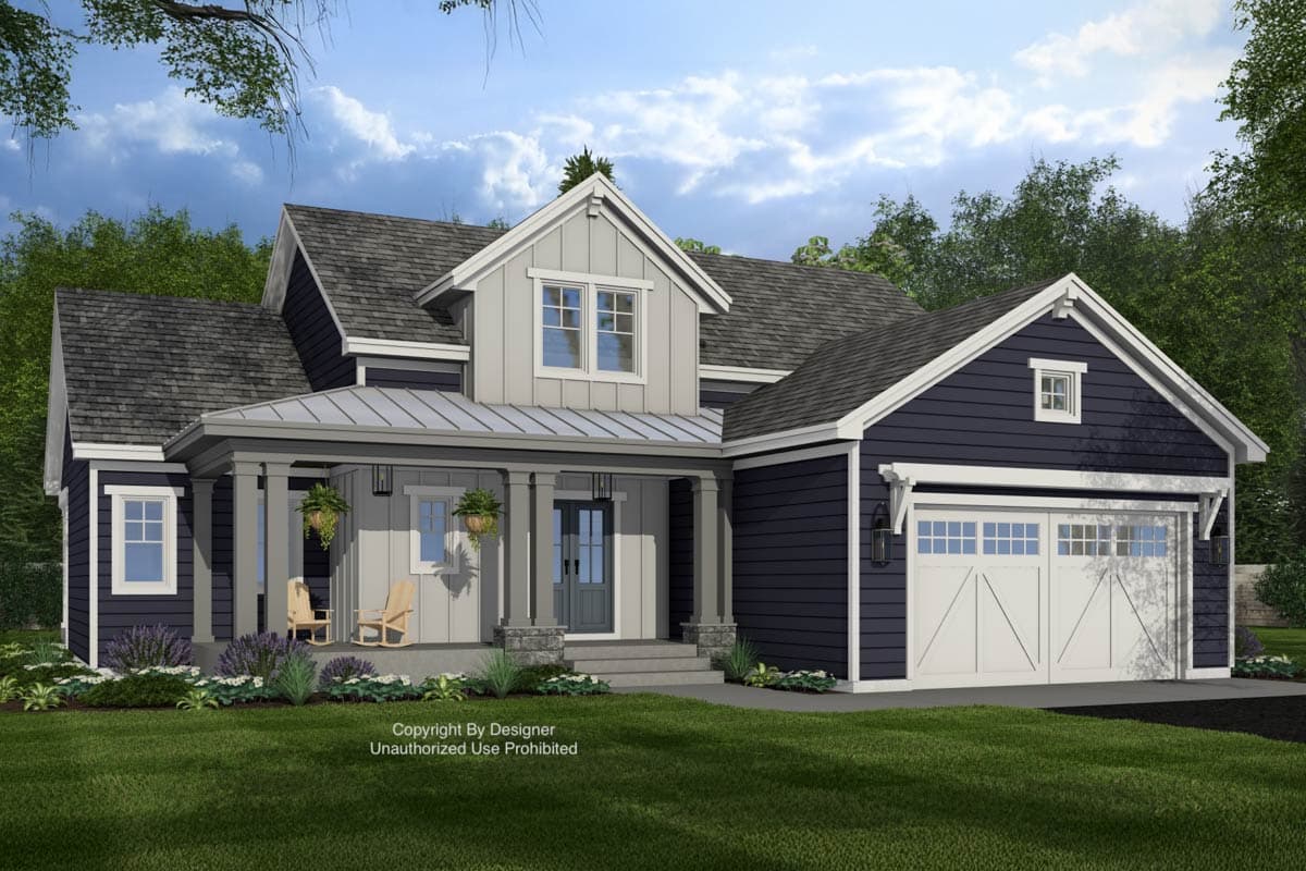 House plan exterior: Modern Farmhouse style, two stories, covered front porch with columns, gabled dormer, and side-entry garage.