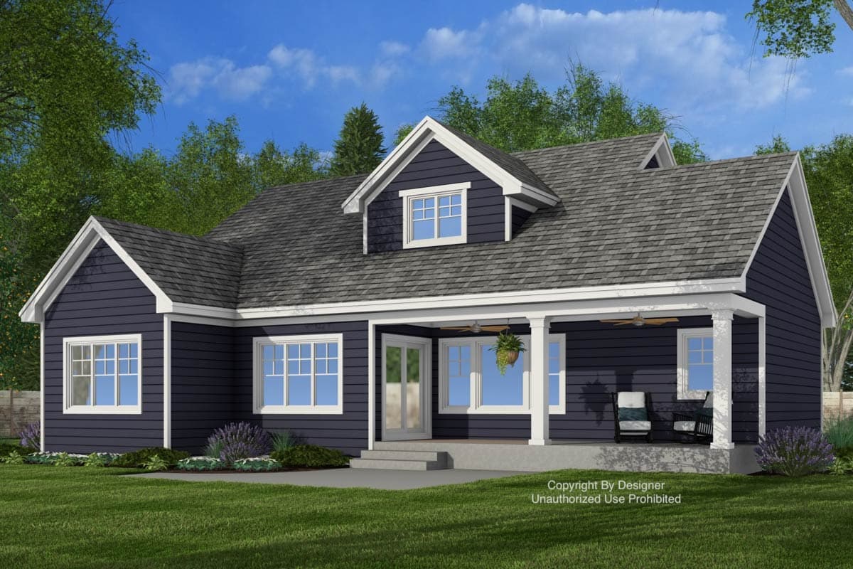 House plan exterior: One-story Modern Farmhouse with a covered front porch, multiple gables, and dormer.