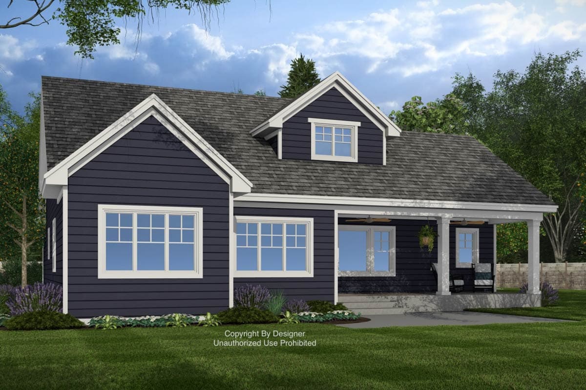 House plan exterior of a dark blue, one-story Modern Farmhouse with a covered front porch, multiple gables, and a dormer.