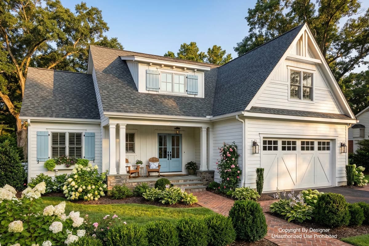 White farmhouse-style home with a light blue door, shutters, and landscaping, including hydrangeas and a brick pathway leading to the entrance.