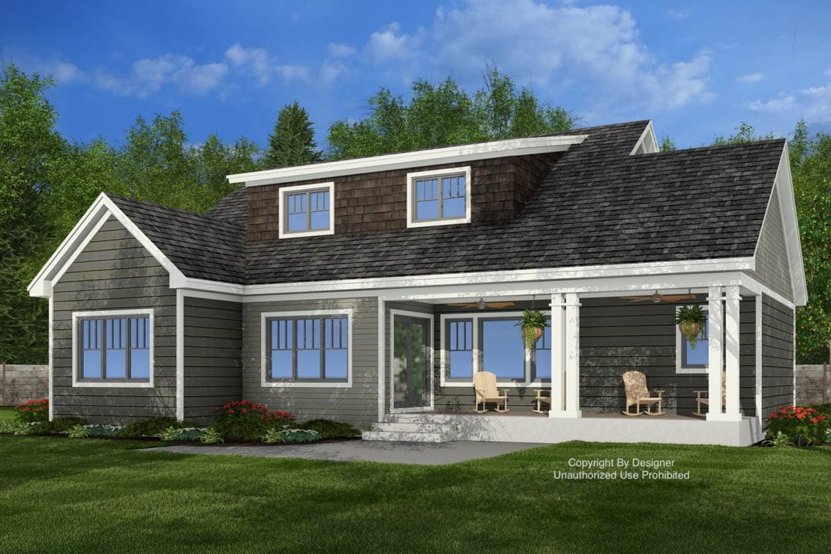 House plan exterior: Two-story, siding and shingle siding, gabled dormer, and covered front porch with columns.
