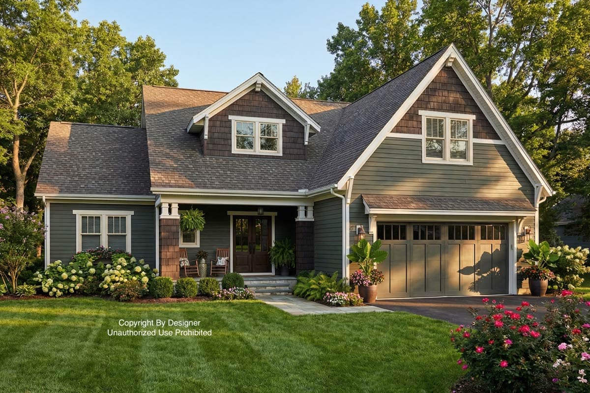 A craftsman-style home with dark green siding and a brown roof is surrounded by lush landscaping and a well-manicured lawn.