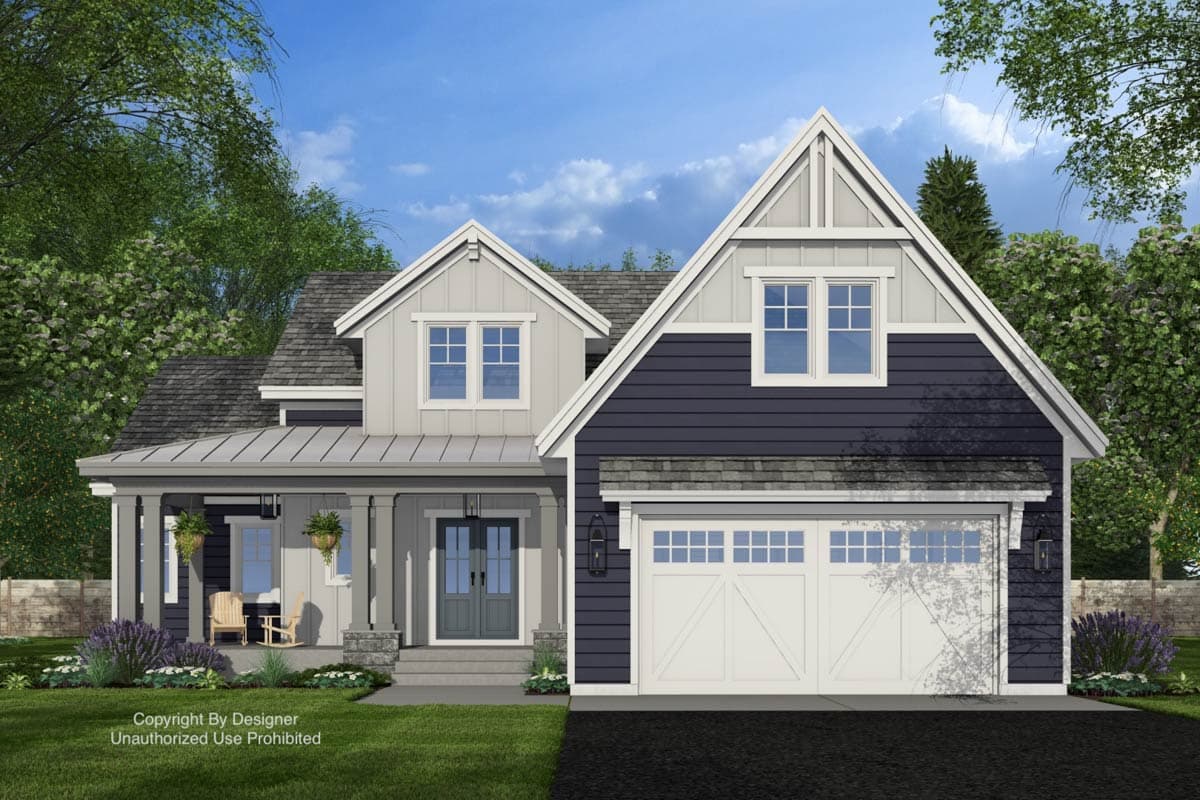 House plan exterior: Modern Farmhouse style, two stories, covered porch, board and batten siding, and gable rooflines.