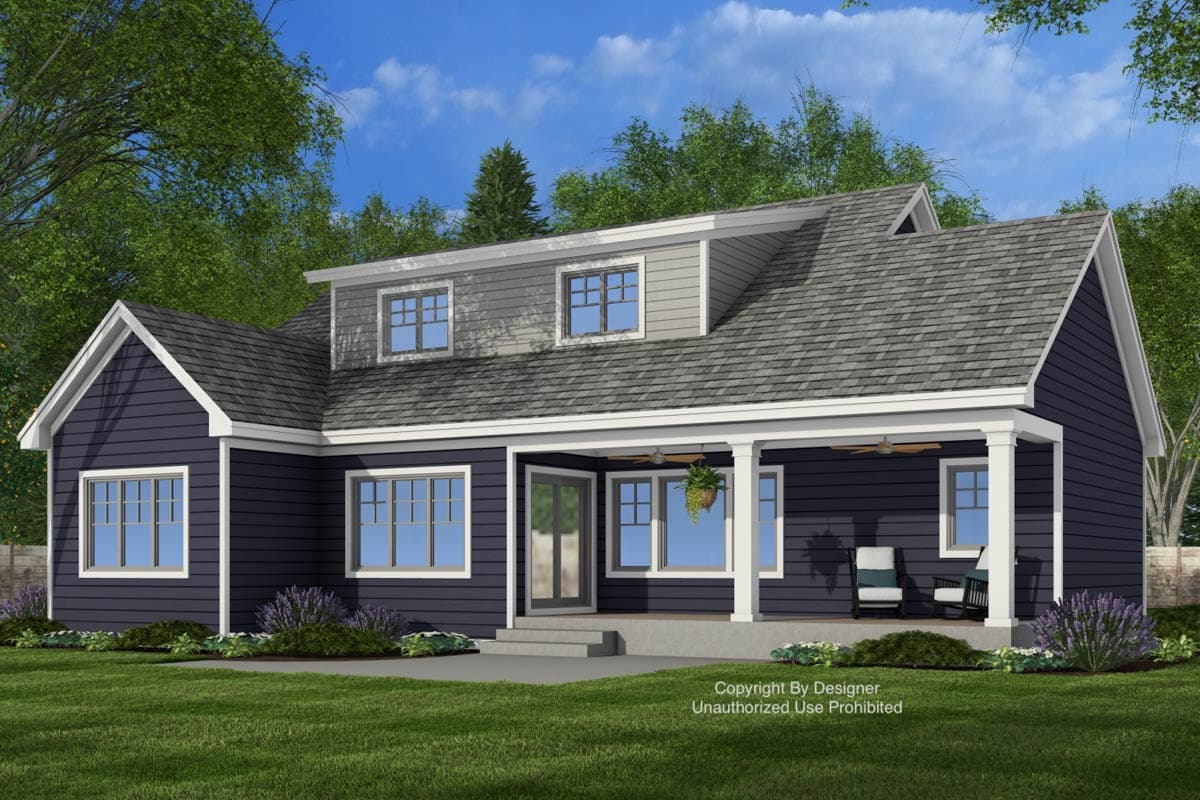 House plan exterior shows a two-story Modern Farmhouse with a wrap-around porch, gables, and dormer windows.
