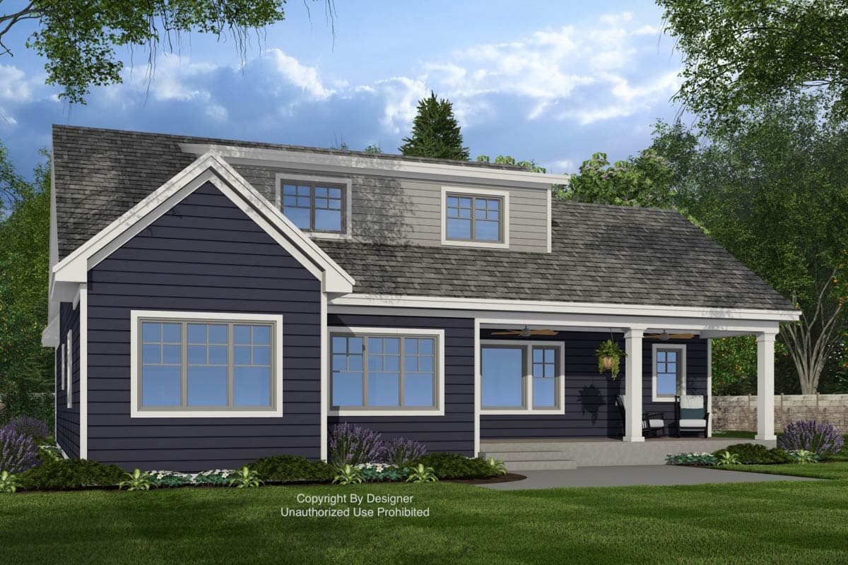House plan exterior: dark blue siding, gabled dormer with two windows, covered front porch with columns, multiple windows.