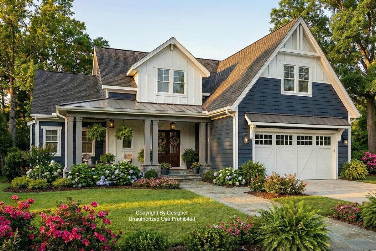 A beautiful two-story house with a white trim and navy blue siding, surrounded by lush green lawn and colorful flower beds.