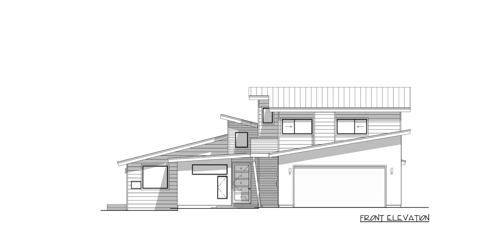 Architectural rendering of a modern house, front elevation. Features a unique roofline, windows, and garage door in a minimalist style.