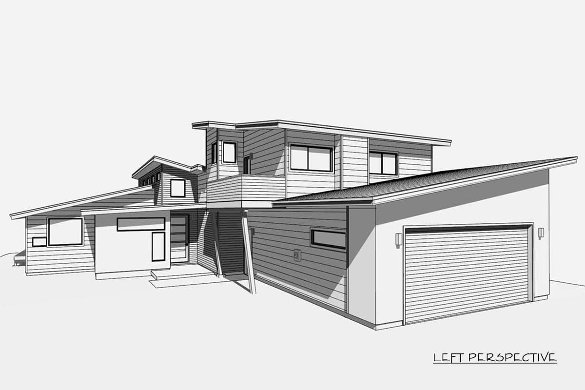 Architectural sketch of a modern home. Features multiple roof lines, large windows, and a garage in a grayscale perspective drawing.