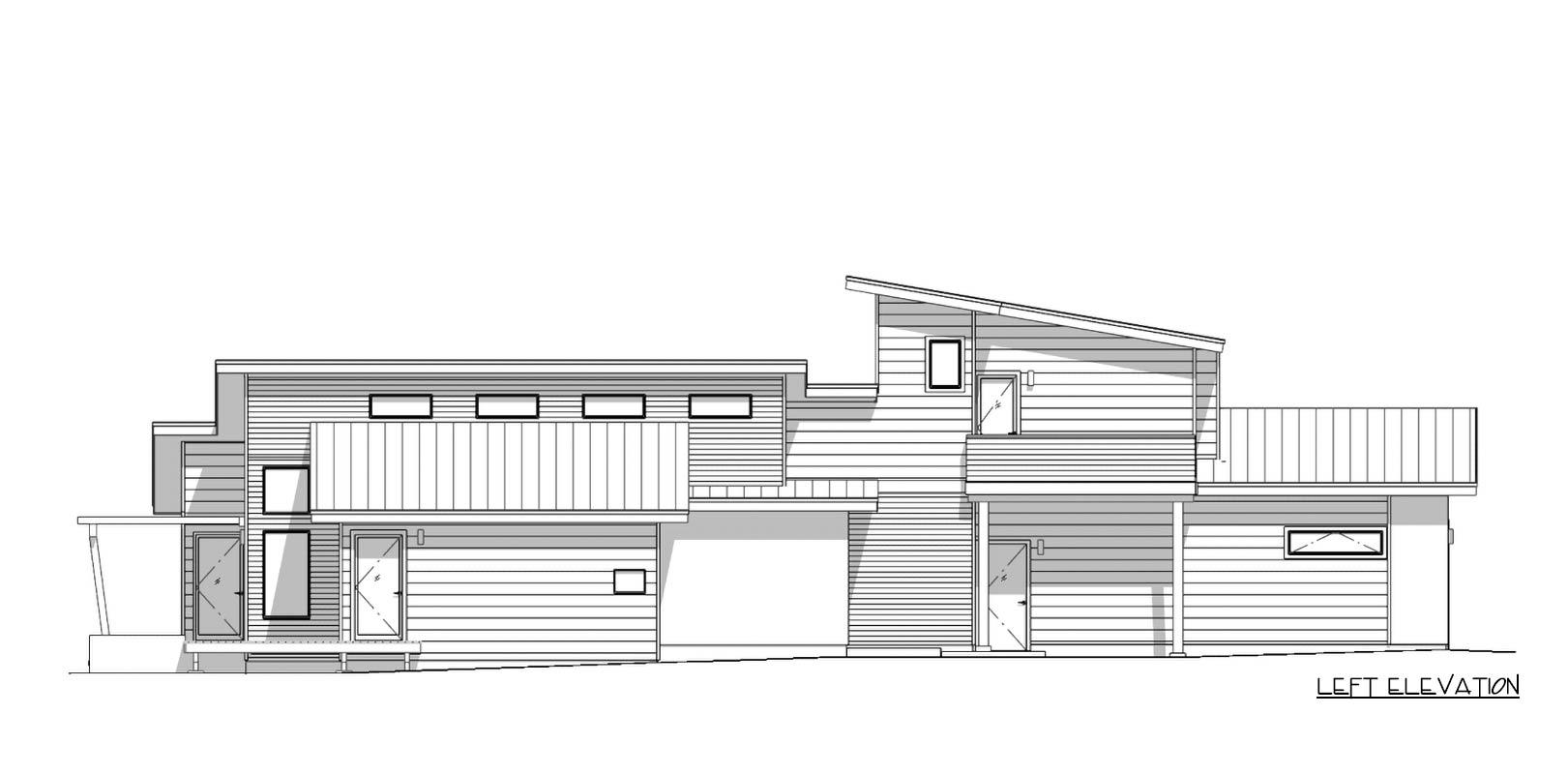 A black and white architectural drawing of a modern house, showing the left elevation with various shapes and windows.
