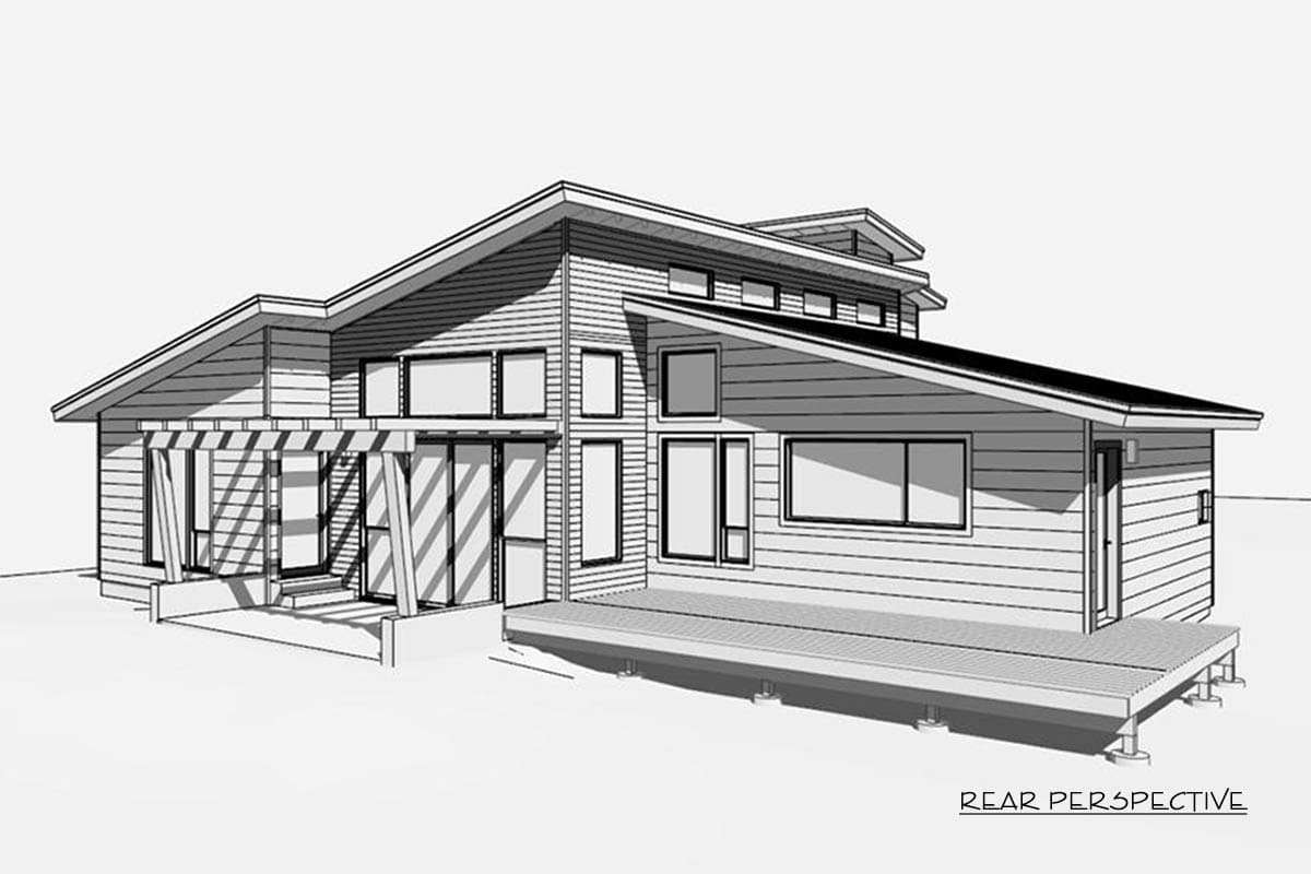 Monochrome architectural rendering of a modern home with multiple angled rooflines, large windows, and an elevated wooden deck.