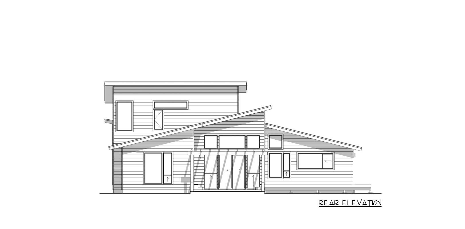 A rear elevation architectural drawing of a modern house. It features a sloped roof, large windows, and horizontal siding.