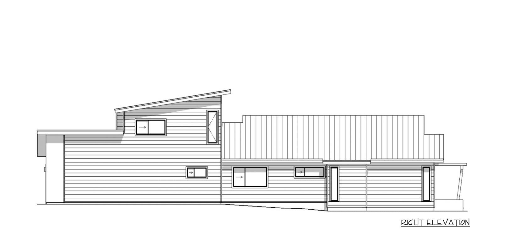 Architectural drawing showing the right elevation of a modern house, featuring horizontal siding, multiple windows, and a sloped roof.