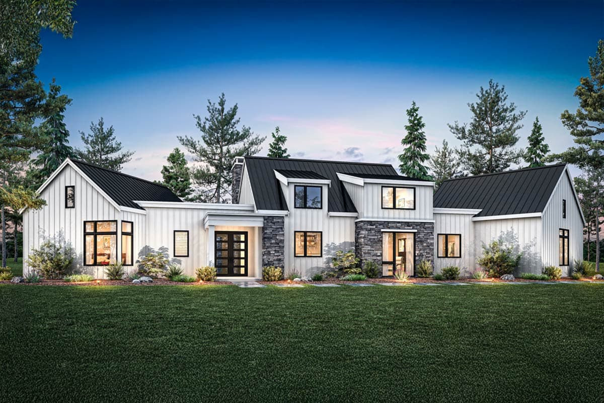 House plan exterior. Modern Farmhouse style with black metal roof. Features include stone accents, multiple gables, and large windows.