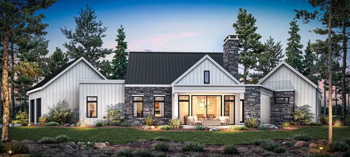 Modern house plan exterior with stone accents, metal roof, gables, and large windows.
