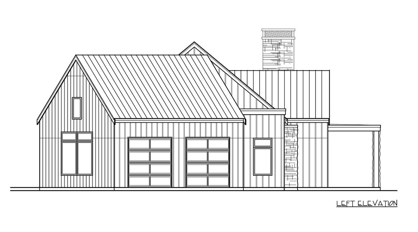 Left elevation house plan: Modern Farmhouse style, metal roof, two garage doors, stone accent, and gable.