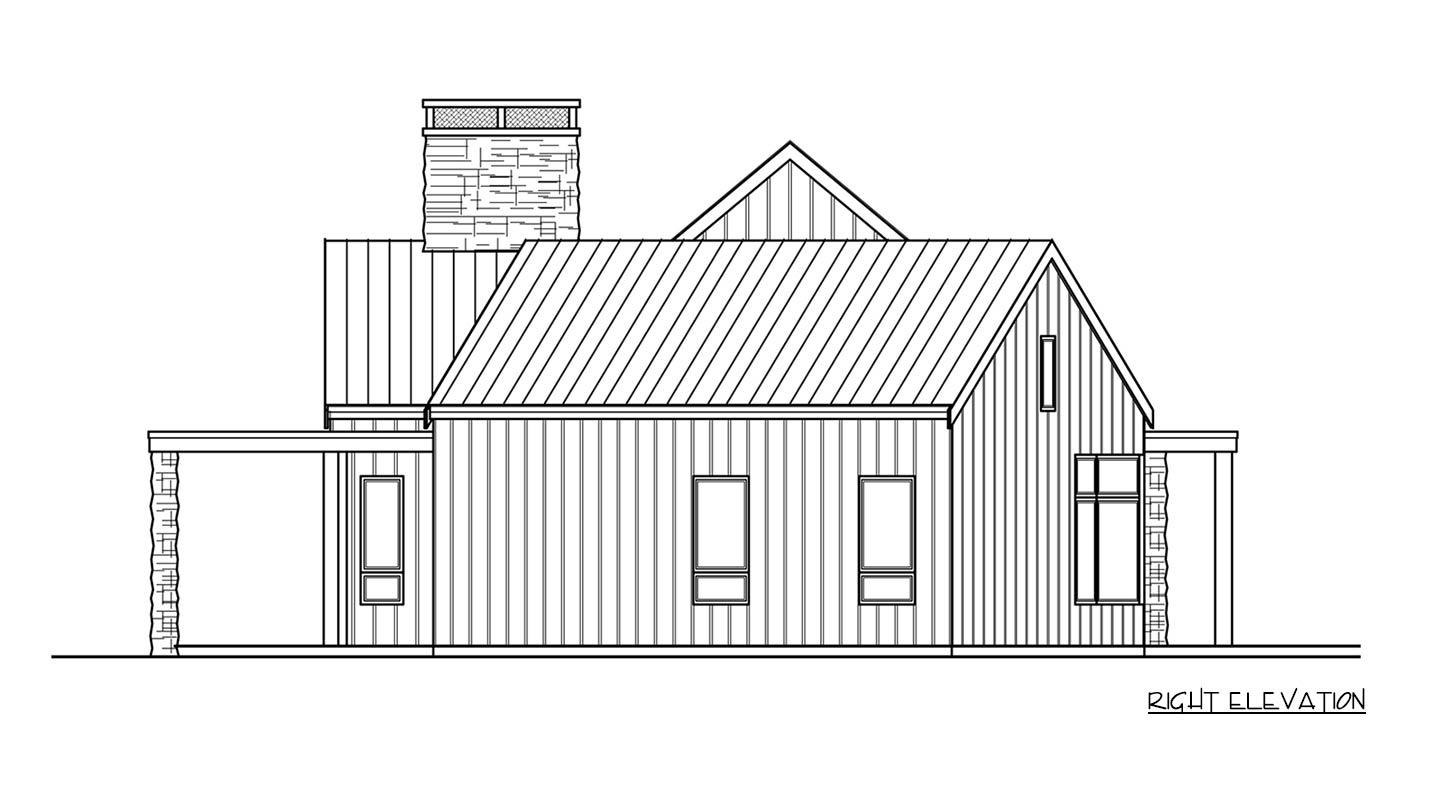 Right elevation of house plan showing metal roof, stone chimney, vertical siding, and covered porch.