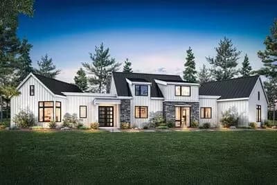 Transitional Modern Farmhouse with Angled Garage and Vaulted Living Room