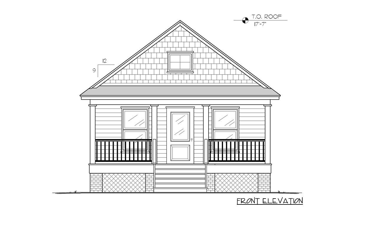 Front elevation house plan featuring a covered porch with railings, double-hung windows, and a gabled roof with a dormer.