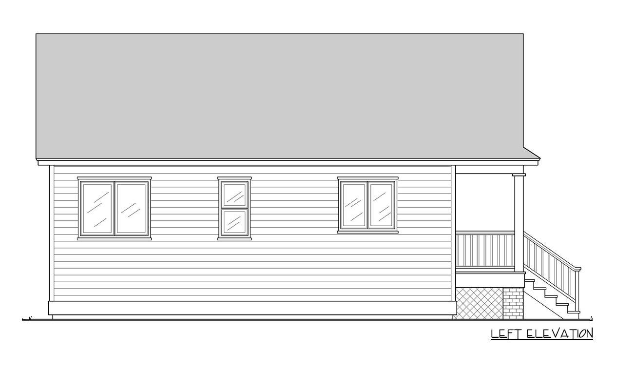 Left elevation of a house plan showing siding, three windows, and a covered porch with stairs.