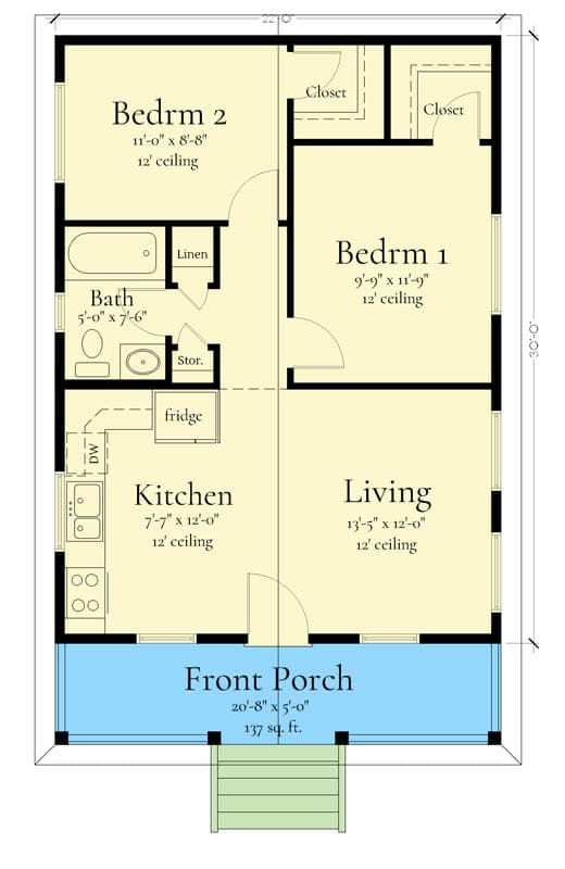 Plan 833076WAT: Charming 2-Bed Cottage with Front Porch and 12 Ceilings - Floor Plan - Main Level - Cottage
