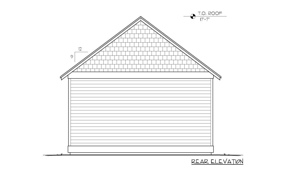 Rear elevation drawing of a house plan with horizontal siding and a gabled roof topped with shingles.