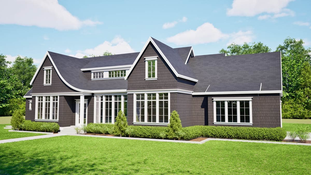House plan exterior featuring dark shakes, a prominent gable, multiple dormers, and large multi-pane windows.