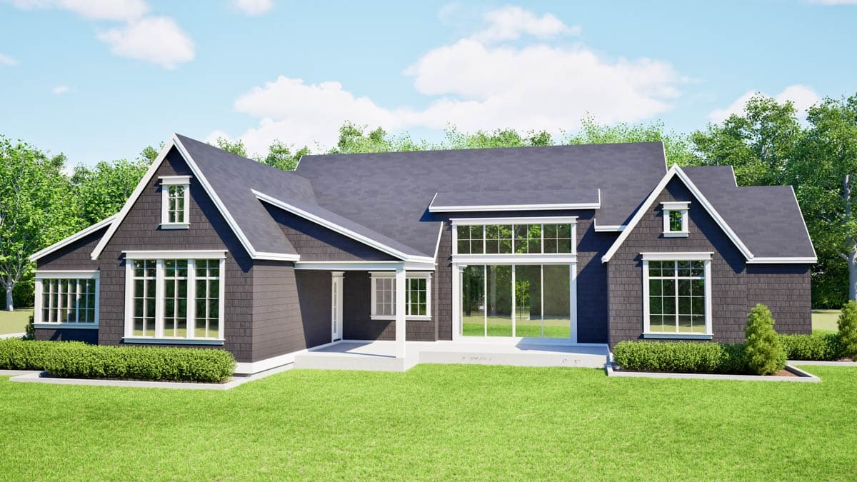 House plan exterior: Modern farmhouse style, one story, with prominent gables, shingle siding, and large windows.