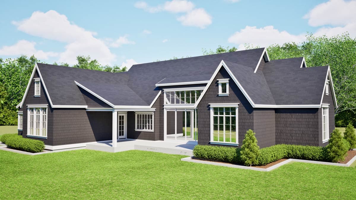 House plan exterior: One-story Modern Farmhouse with gables, dormers, large windows, and a covered porch.