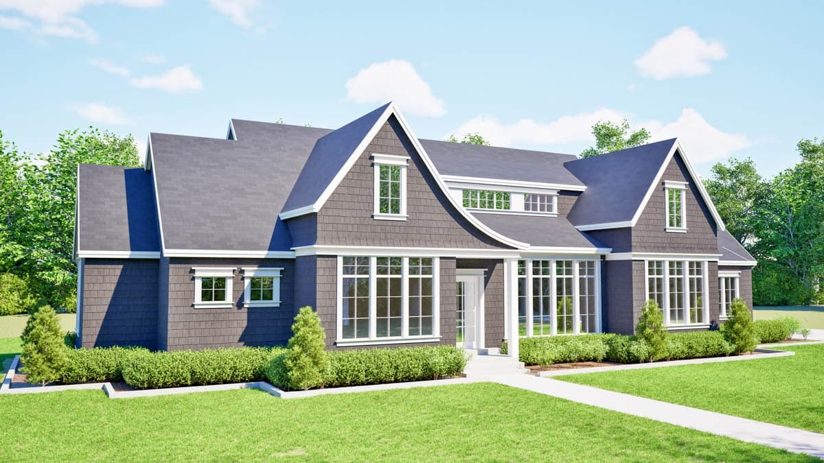 House plan exterior. One-and-a-half story with shingle siding, prominent gables, and large multi-pane windows.