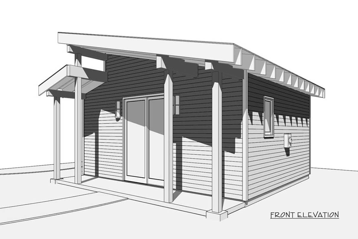 Monochrome architectural rendering of a small modern building with a covered porch and sliding glass doors; front elevation.