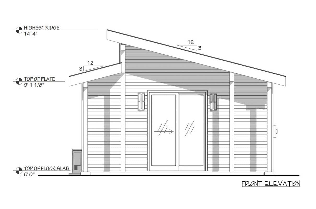 Architectural front elevation of a modern shed-like structure. It features a sloping roof, sliding glass doors, and horizontal siding.