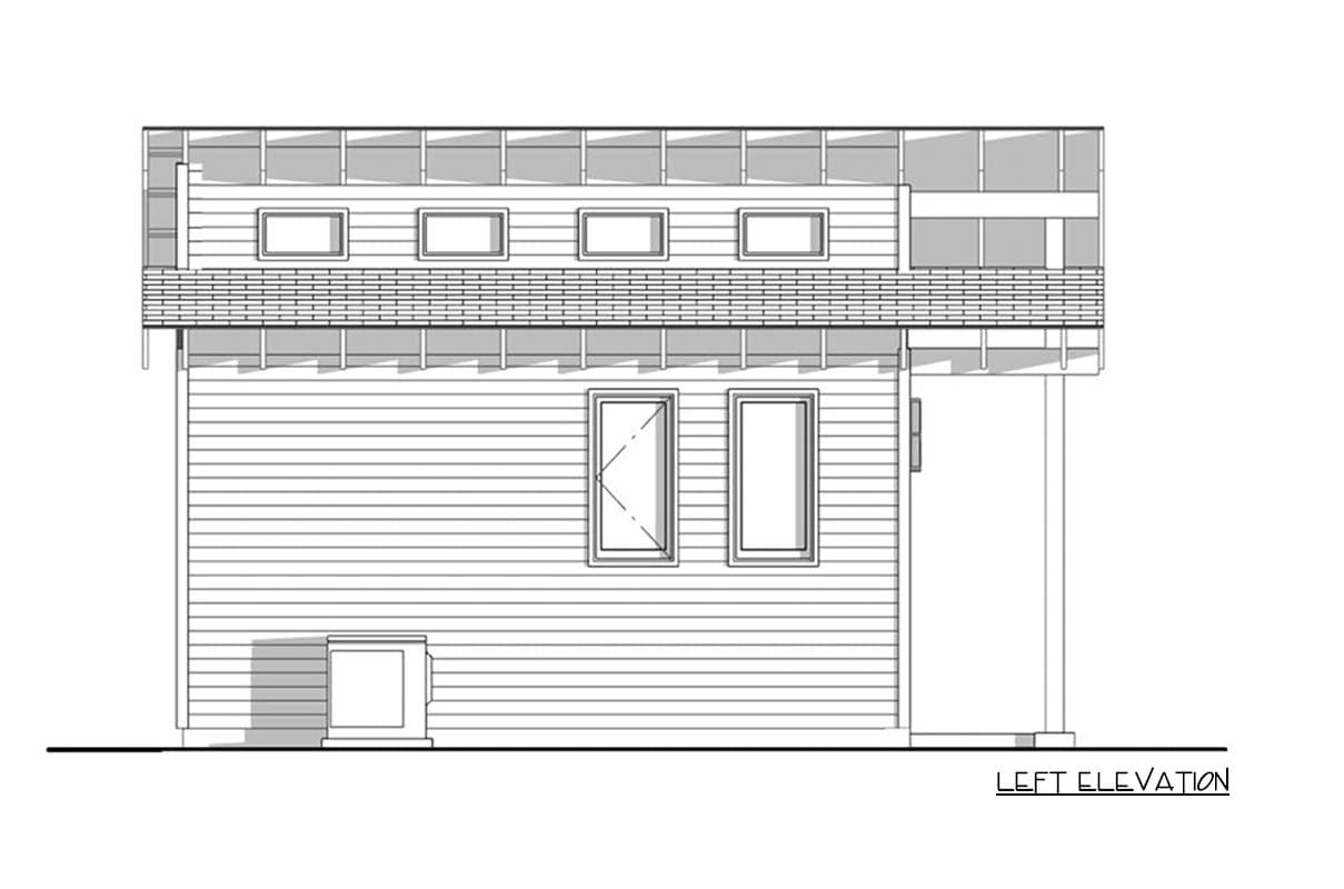 Line drawing of a house's left elevation, showing the side profile with windows, horizontal siding, and a partial roofline.