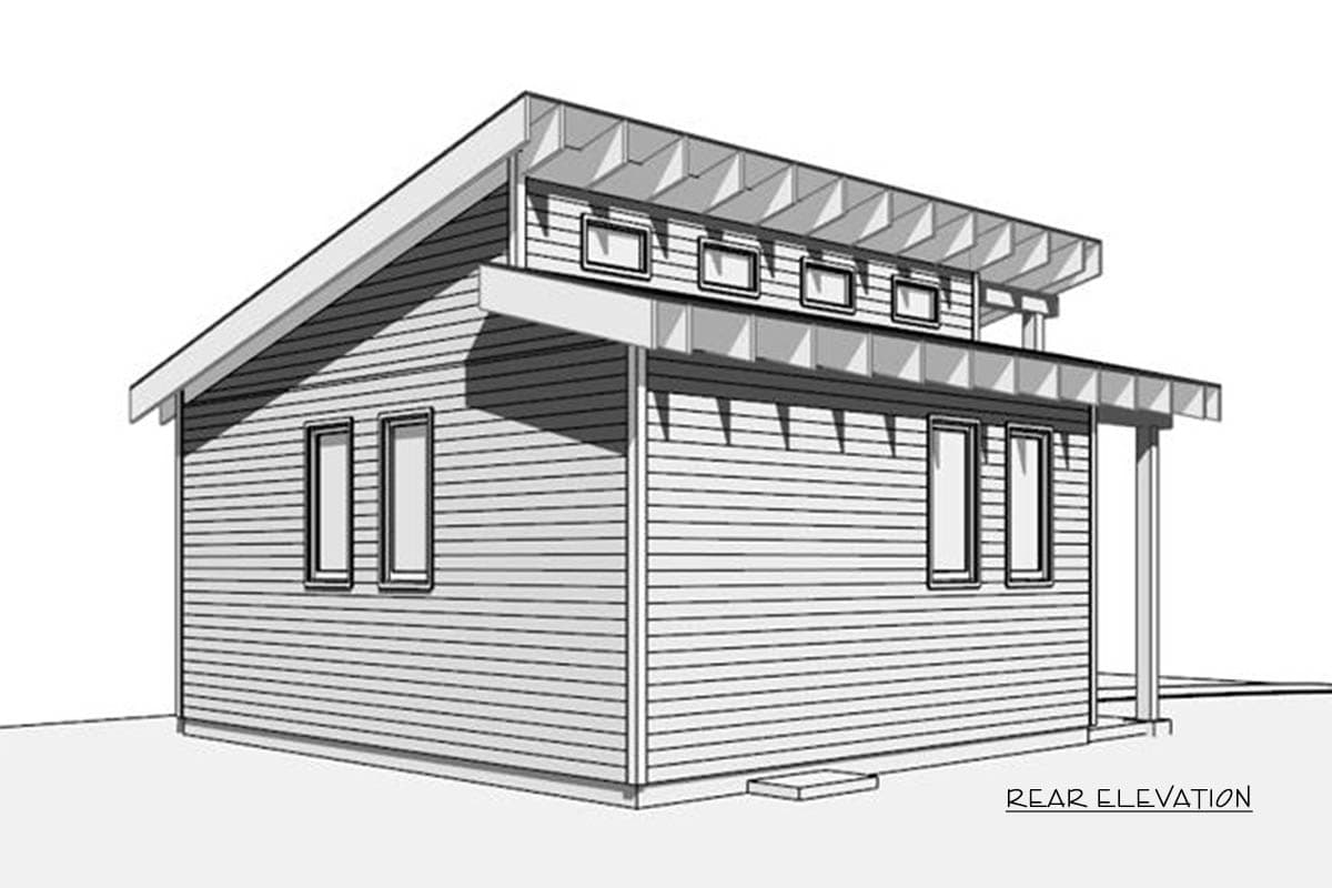 A rear elevation of a modern, low-slung house with horizontal siding, multiple windows, and a distinctive roof design in grayscale.