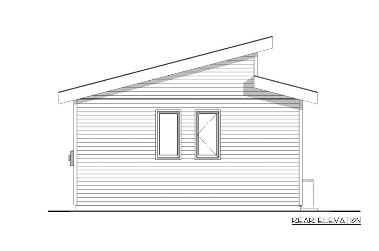 Architectural drawing of a building's rear elevation. Features a slanted roof, two rectangular windows, and horizontally-aligned siding.