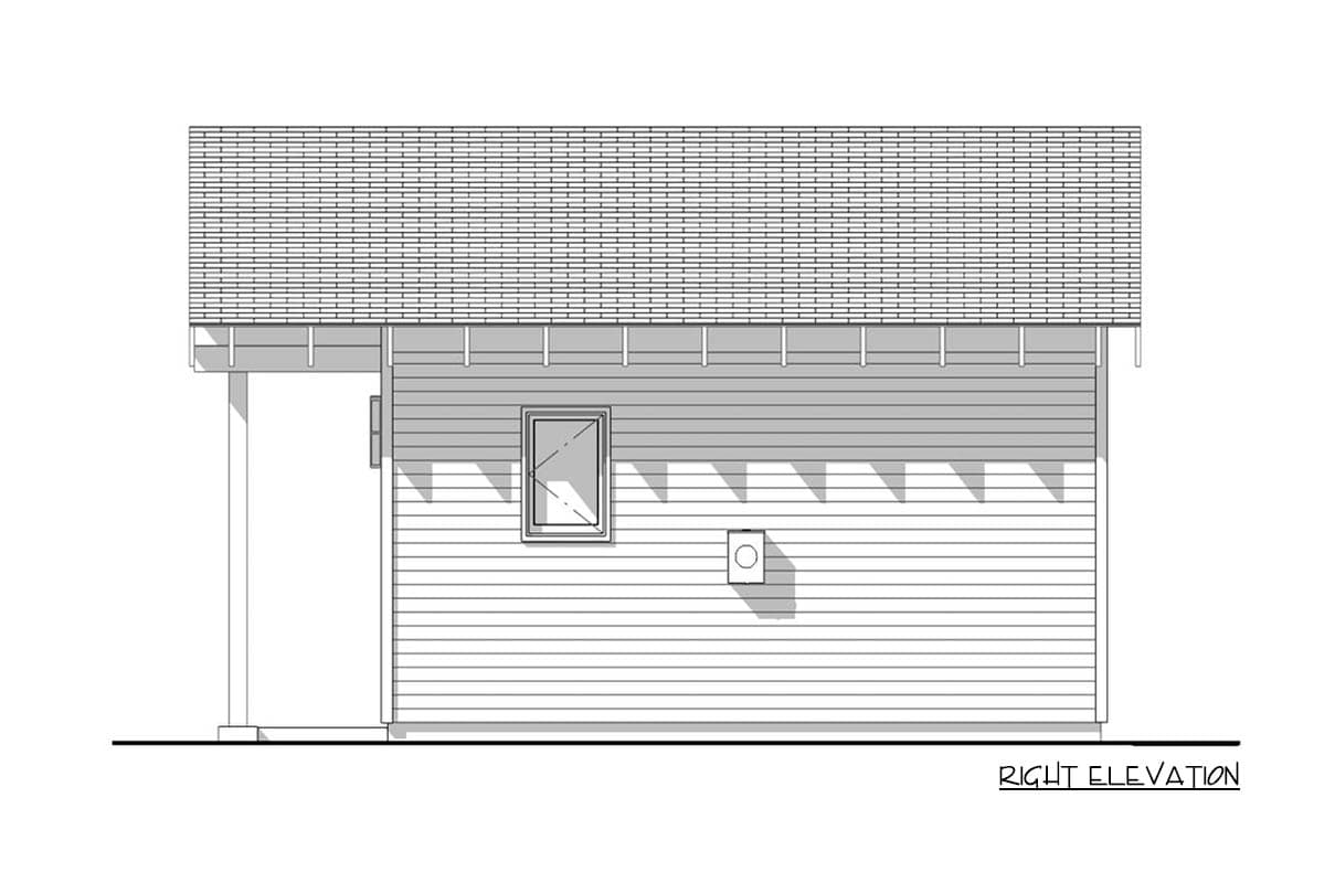 Architectural rendering of a building's right elevation, showing the roof, side wall with a small window, and text indicating its view.