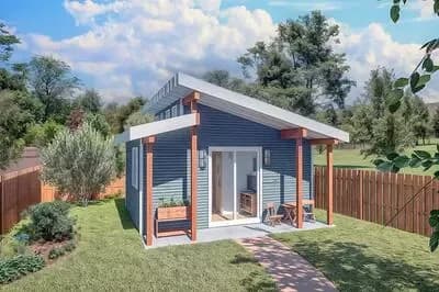 Sleek Modern Guest Studio Granny Pod Plan with Vaulted Ceilings and Covered Patio