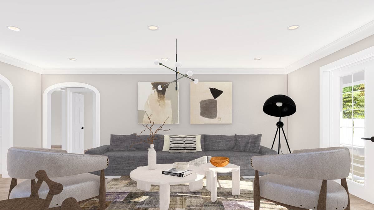 Living room rendering with gray sectional sofa, two armchairs, modern chandelier, abstract art, and arched doorways.