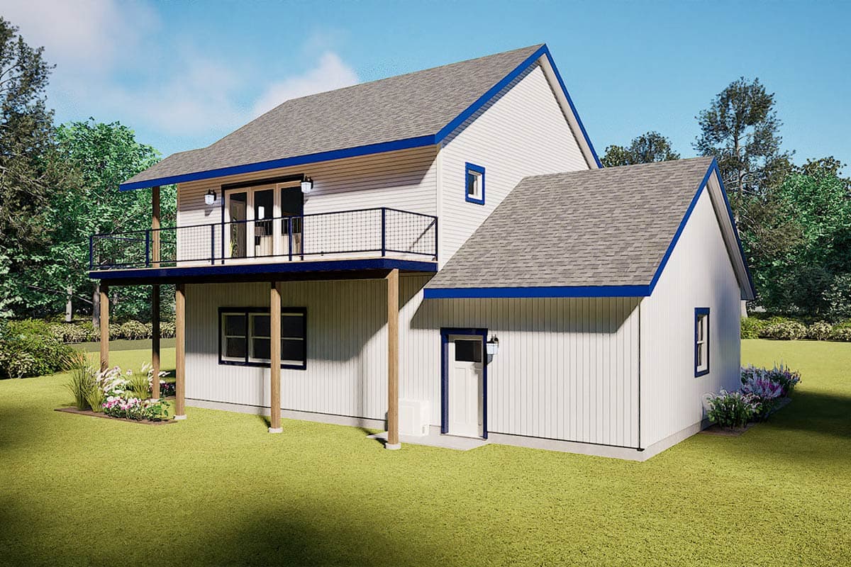 A modern two-story house with white siding and blue trim. It has a balcony and a detached section with a door. Green lawn surrounds.