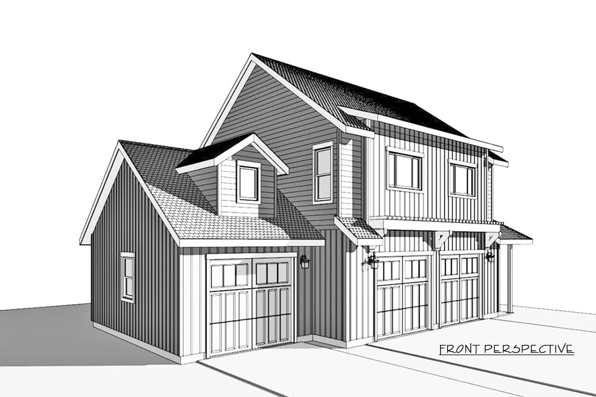 Monochrome architectural rendering of a two-story house with gabled roofs, multiple garage doors, and windows, showcasing a front perspective.