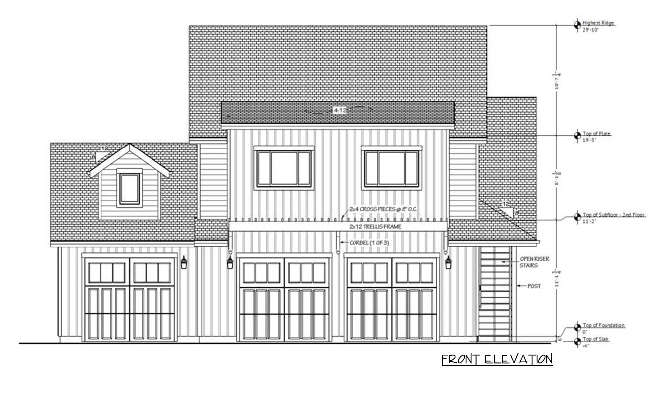 Front elevation architectural drawing of a two-story house with garage doors and a gabled roof. Dimensions and details are labeled on the plan.