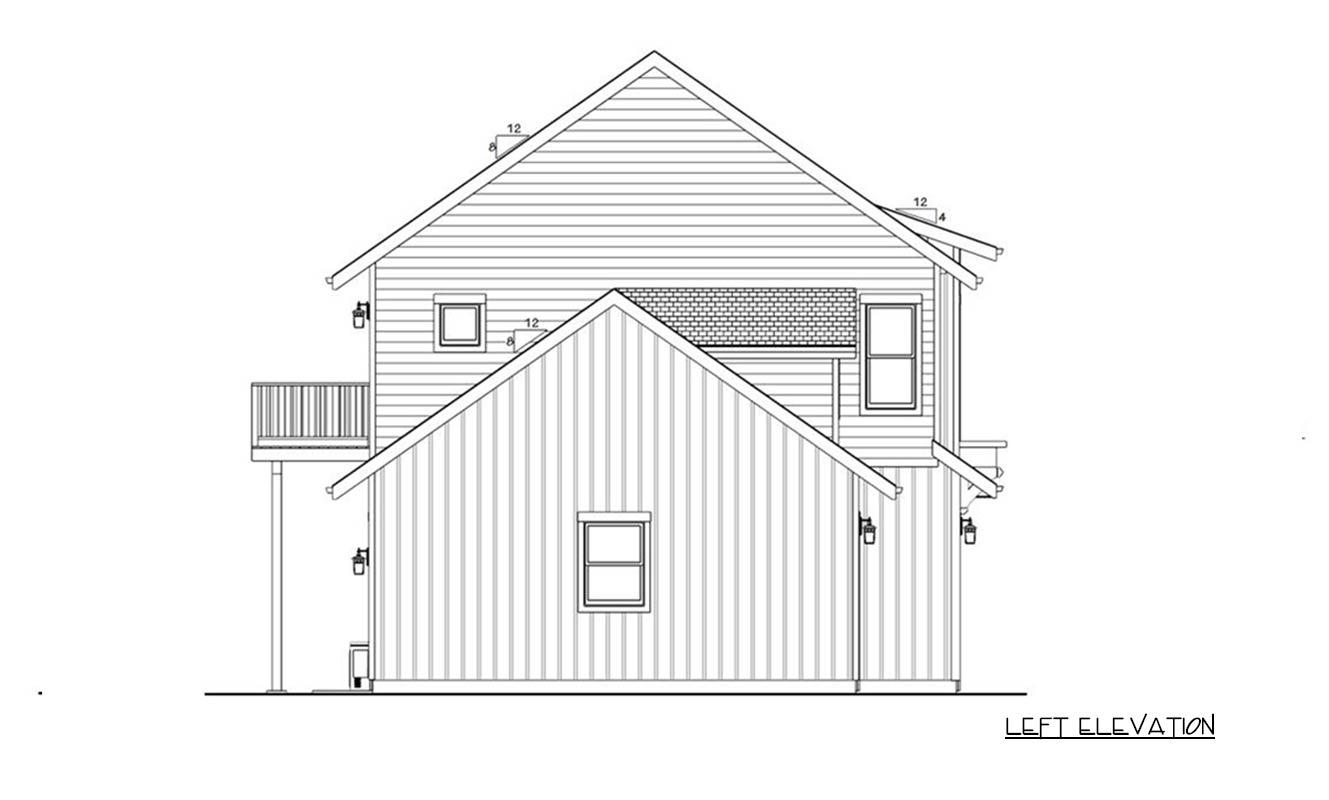 Architectural drawing showing the left elevation of a two-story house with a balcony and multiple roof lines.