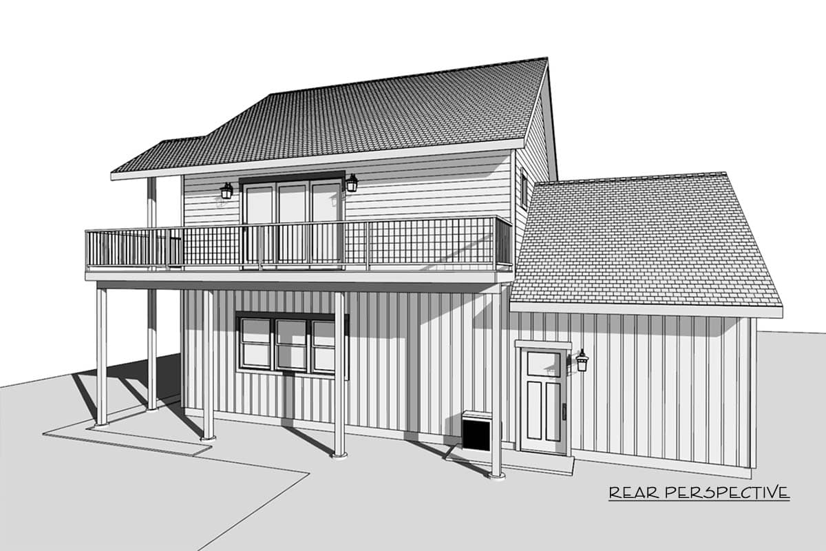 A black and white architectural rendering of a house with a balcony and an attached side structure, from a rear perspective.